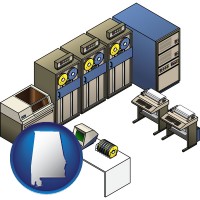 al map icon and a 20th century mainframe computer used for data processing