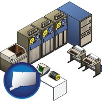 ct map icon and a 20th century mainframe computer used for data processing