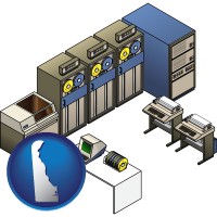 delaware map icon and a 20th century mainframe computer used for data processing