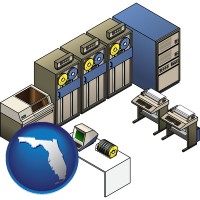 florida map icon and a 20th century mainframe computer used for data processing