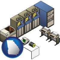 ga map icon and a 20th century mainframe computer used for data processing