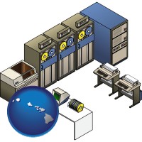 hawaii map icon and a 20th century mainframe computer used for data processing