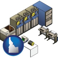 id map icon and a 20th century mainframe computer used for data processing