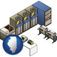 illinois map icon and a 20th century mainframe computer used for data processing