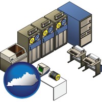 ky map icon and a 20th century mainframe computer used for data processing
