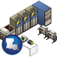 la map icon and a 20th century mainframe computer used for data processing