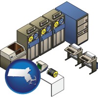 ma map icon and a 20th century mainframe computer used for data processing