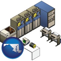 maryland map icon and a 20th century mainframe computer used for data processing