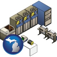 michigan map icon and a 20th century mainframe computer used for data processing