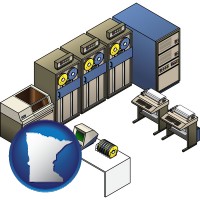 mn map icon and a 20th century mainframe computer used for data processing