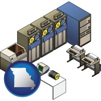 mo map icon and a 20th century mainframe computer used for data processing