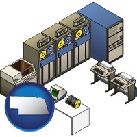ne map icon and a 20th century mainframe computer used for data processing
