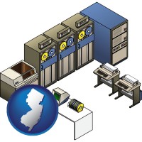 new-jersey map icon and a 20th century mainframe computer used for data processing