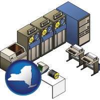 ny map icon and a 20th century mainframe computer used for data processing