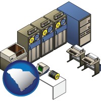 sc map icon and a 20th century mainframe computer used for data processing