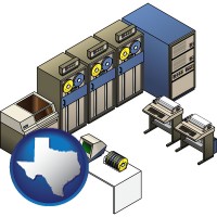 tx map icon and a 20th century mainframe computer used for data processing