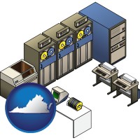 va map icon and a 20th century mainframe computer used for data processing