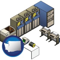 wa map icon and a 20th century mainframe computer used for data processing